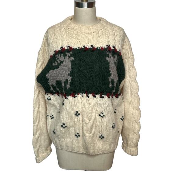 VTG Woolrich Cream Green Deer 100% Wool Chunky Knit Sweater Mens M - Picture 1 of 7